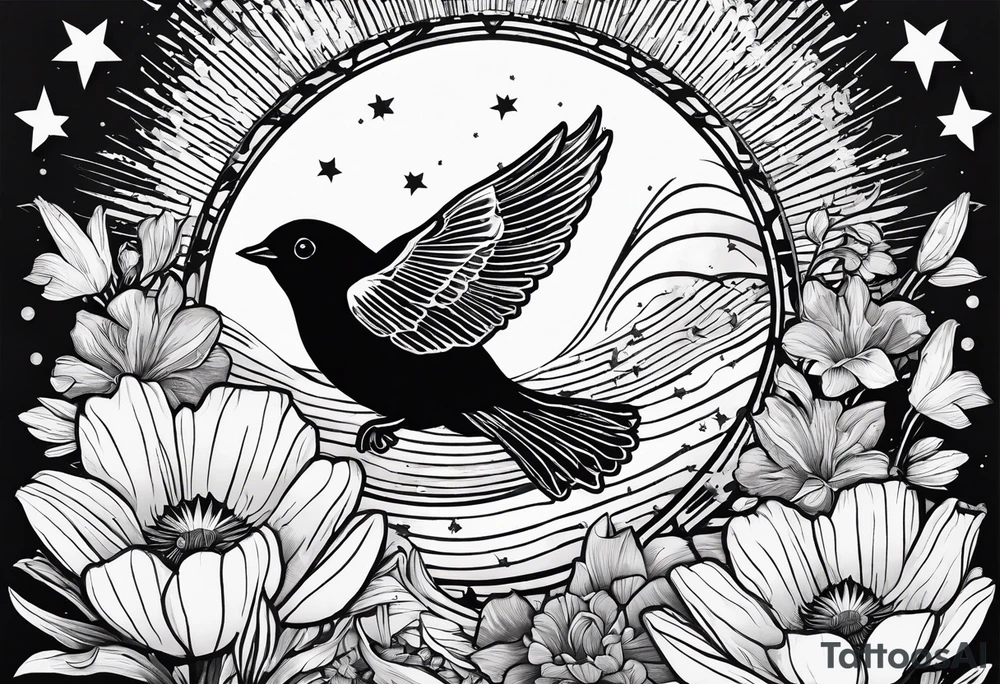 AUM symbol, one flying 
sparrow, sunrays, staircase, cosmos, iris, daisy tattoo idea