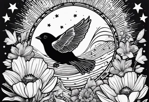 AUM symbol, one flying 
sparrow, sunrays, staircase, cosmos, iris, daisy tattoo idea