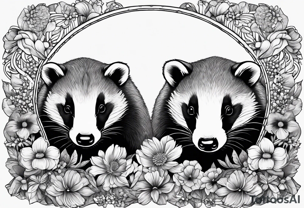 Trippy, pair of badger siblings in a field of flowers tattoo idea