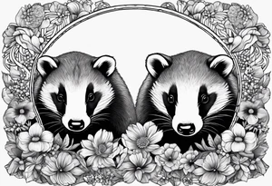 Trippy, pair of badger siblings in a field of flowers tattoo idea