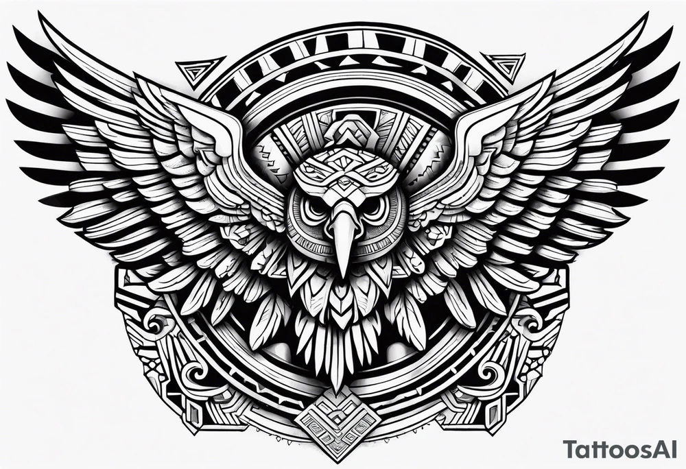 Aztec eagle, with Aztec skull and Aztec symbols signifying resilience tattoo idea