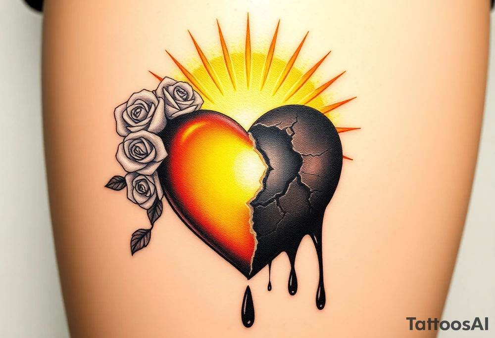 A sacred, glowing heart encased in rays of golden light, adorned with delicate white roses, representing purity, opposed to a blackened, broken heart with cracked, darkened edges, leaking a dark liquid like ink, symbolizing pain and corruption. tattoo idea