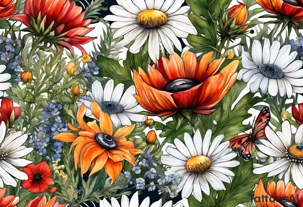 an oval of wildflowers cascading with thistles, ferns, white anemones, sun flowers, red flowers, black flowers, buttercups, orange flowers, babys breath and daisies all in watercolor tattoo idea