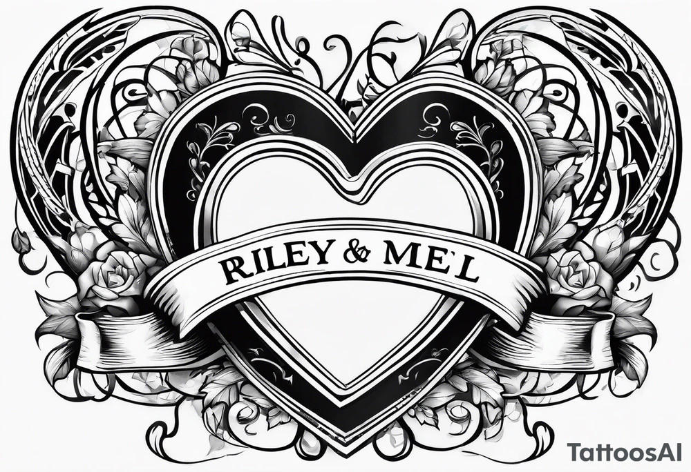 heart with ribbon that says "Riley and Mel forever" tattoo idea