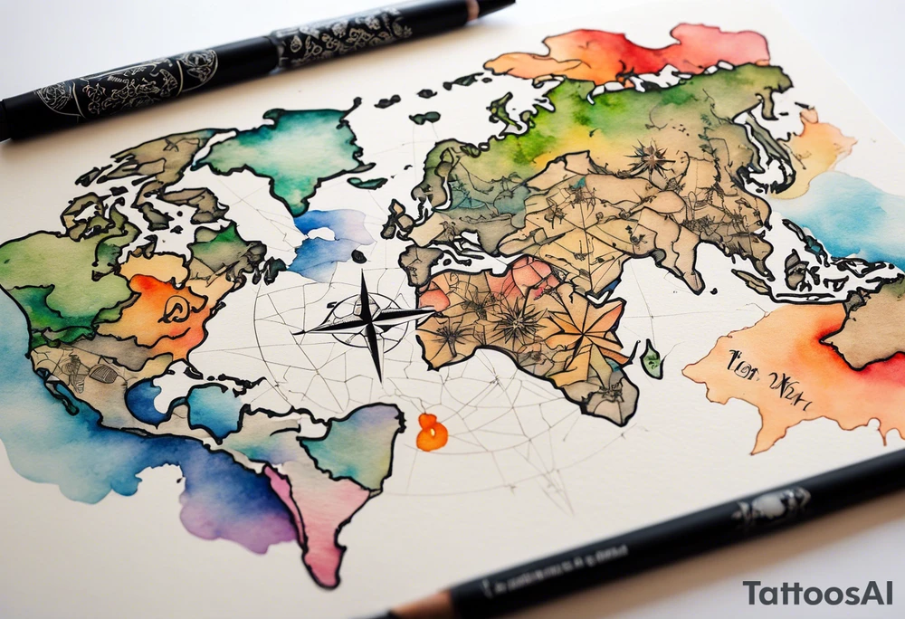 Travel themed for thigh, compass rose overlaid with a map spilled watercolor and tiny C130 silhouette tattoo idea