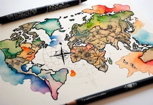 Travel themed for thigh, compass rose overlaid with a map spilled watercolor and tiny C130 silhouette tattoo idea