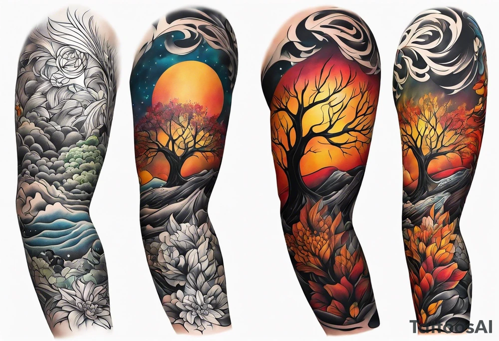 Arm Sleeve Tattoo with fall colors tattoo idea