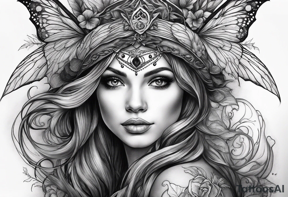 A fairy/witch with a Lot of collors, make It look mystic and really colorful and realistic. The background should also be colored please dont show anything Black and white tattoo idea