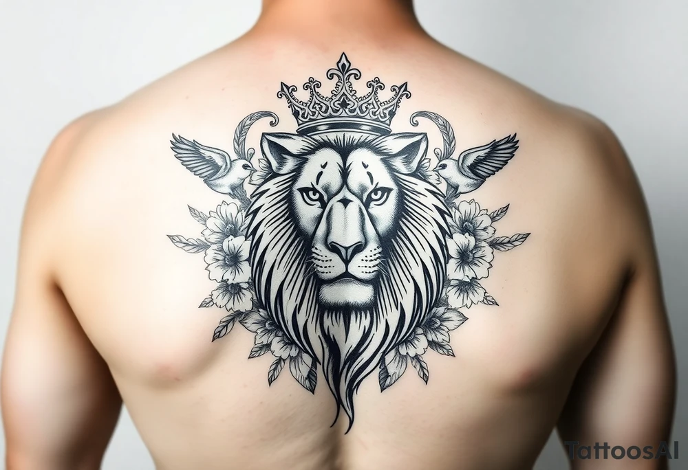 powerful majestic lion with a crown, surrounded by floral ornaments and birds tattoo idea