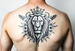 powerful majestic lion with a crown, surrounded by floral ornaments and birds tattoo idea