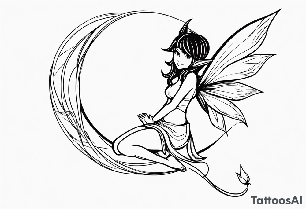 No color sketch of a fairy with a tail inspired by the guild symbol in the anime show called Fairy Tail in a fetal position leaning forward while crawled in hugging herself with hands a bit forward and her body is an angle while floating in the air tattoo idea
