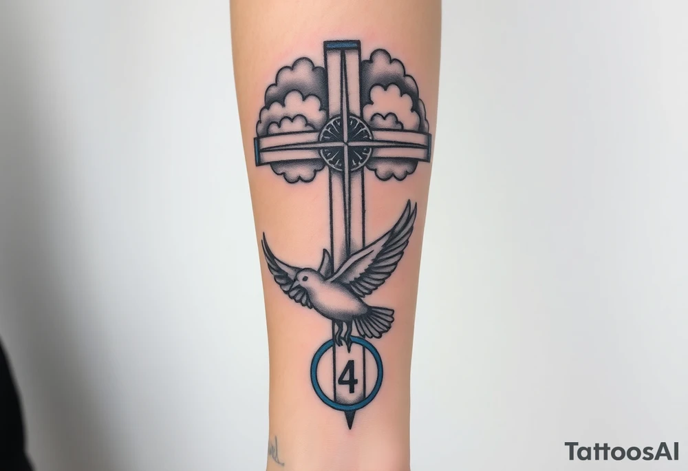 Big cross with clouds in the back everywhere  with a dove a the bottom left of the forearm with a blue circle ring it and the number 4 to the of the dove with whole tattoo covering the whole forearm tattoo idea