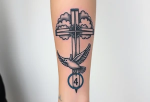 Big cross with clouds in the back everywhere  with a dove a the bottom left of the forearm with a blue circle ring it and the number 4 to the of the dove with whole tattoo covering the whole forearm tattoo idea