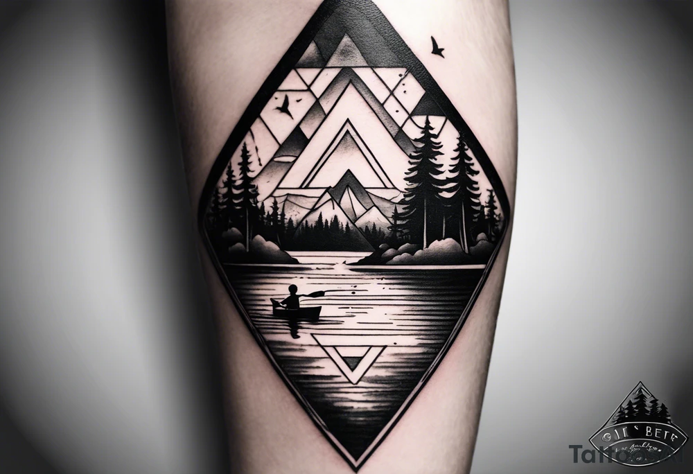 Triangular forearm tattoo set on a lake. At the bottom of the triangle there is a boat dock with a little boy fishing and a little girl reading. There are trees surrounding the lake. tattoo idea