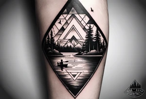 Triangular forearm tattoo set on a lake. At the bottom of the triangle there is a boat dock with a little boy fishing and a little girl reading. There are trees surrounding the lake. tattoo idea