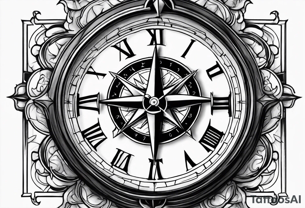 Cross with clock and compass tattoo idea
