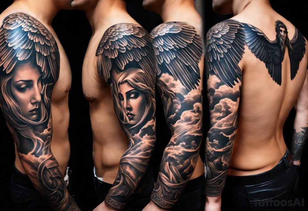 A full tattoo sleeve inspired by Greek mythology, featuring a powerful and masculine design. The sleeve includes a depiction of the Greek goddess Athena, portrayed with a strong and authoritative presence, symbolizing wisdom and strength. However, she is not the main focal point. The centerpiece is a dramatic image of a fallen angel, wings outstretched as it descends, symbolizing struggle and redemption. The design is bold, with sharp contrasts and clean lines, emphasizing the dynamic movement of the falling angel. Surrounding these figures, incorporate a mandala effect with geometric patterns that add a sense of order amidst the chaos. Additional elements such as an owl with fierce eyes, a warrior's helmet, and olive branches are woven throughout, adding depth and reinforcing the mythological theme. The overall aesthetic is intense and rugged, blending elements of power, wisdom, and fallen glory into a cohesive, masculine design. tattoo idea