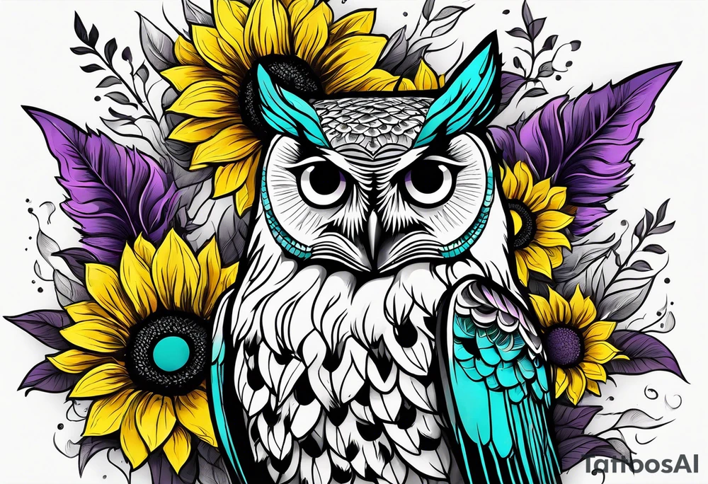 Black and white owl shaded teal, pink and purple surrounded by yellow sunflowers sleeve tattoo idea