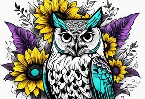 Black and white owl shaded teal, pink and purple surrounded by yellow sunflowers sleeve tattoo idea