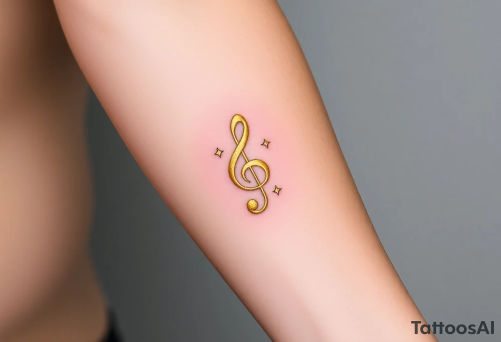 A gold treble clef with subtle silver accents, surrounded by delicate sparkles tattoo idea
