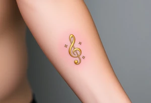 A gold treble clef with subtle silver accents, surrounded by delicate sparkles tattoo idea