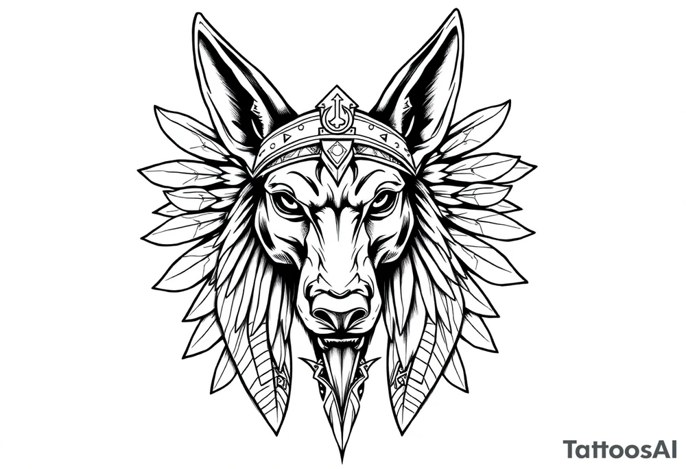 Egyptian Anubis god face muscle in Egypt style  with mantle on head

dog face surrounded Egyptian symbols based on elements tattoo idea