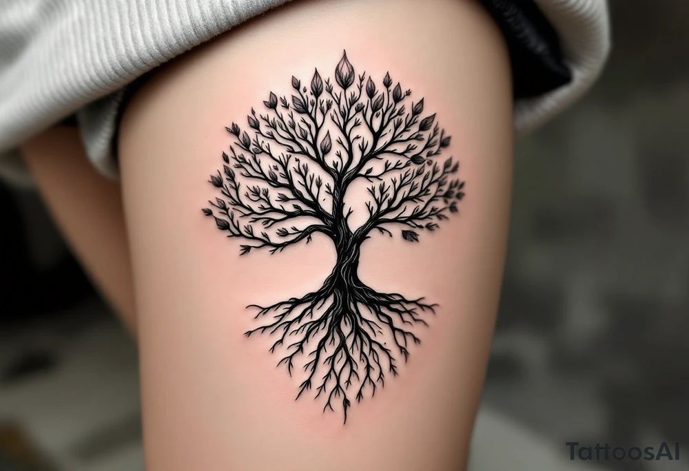 mystical tree of life with cosmic roots and celestial branches tattoo idea