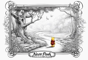 Winnie the Pooh with the words “ never alone always lonely, Always have faith but not in god” tattoo idea