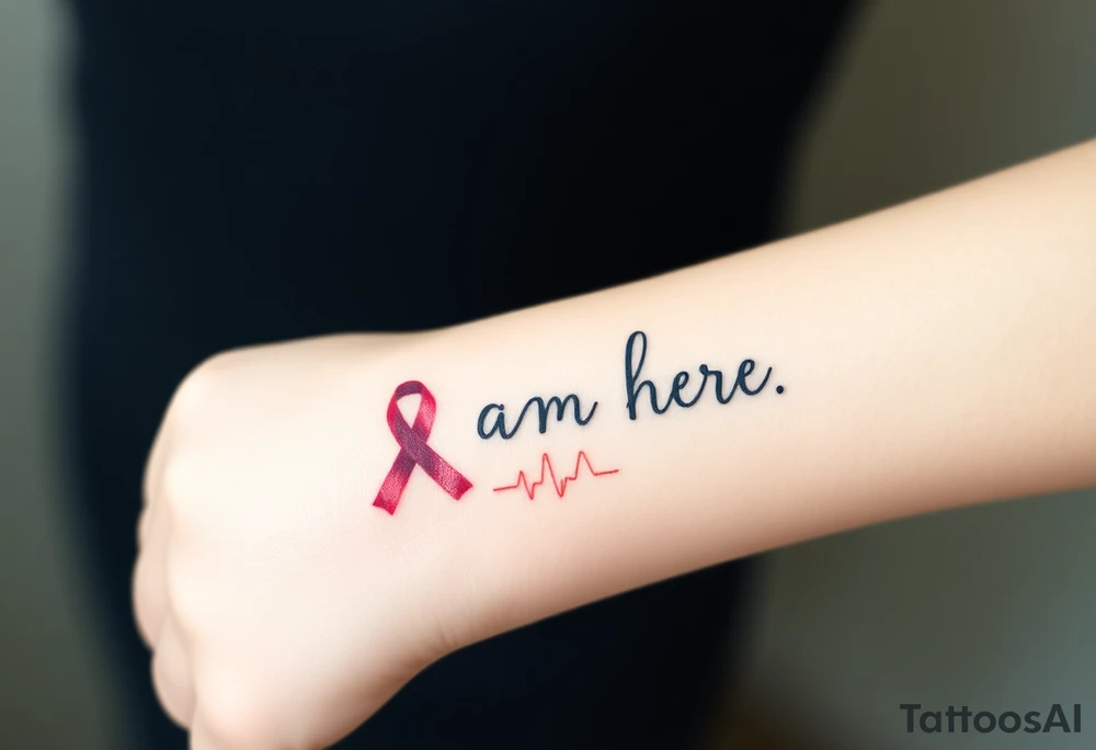‘I am here’ with breast cancer pink ribbon heartbeat rhythm tattoo idea