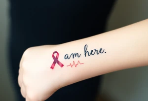 ‘I am here’ with breast cancer pink ribbon heartbeat rhythm tattoo idea