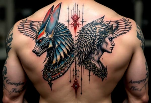 Anubis and a Guardian Angel Back to Back (only red, blue and black are possible colors) tattoo idea