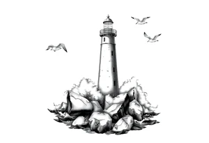 Lighthouse surrounded by a few boulders in the sea with high waves and seagulls flying around tattoo idea