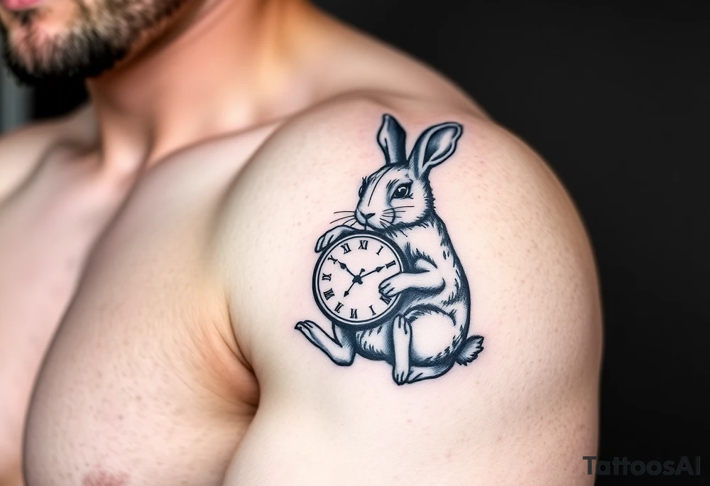 Geometrical rabbit holding a clock tattoo idea