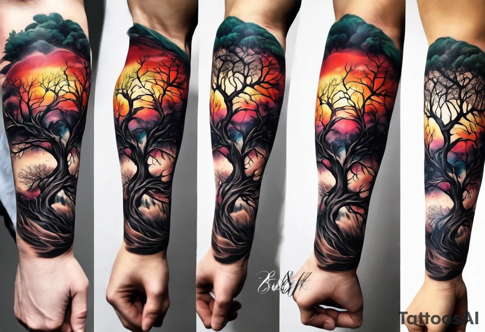 Tree roots wrapping around wrist leading to tree around forearm tattoo idea