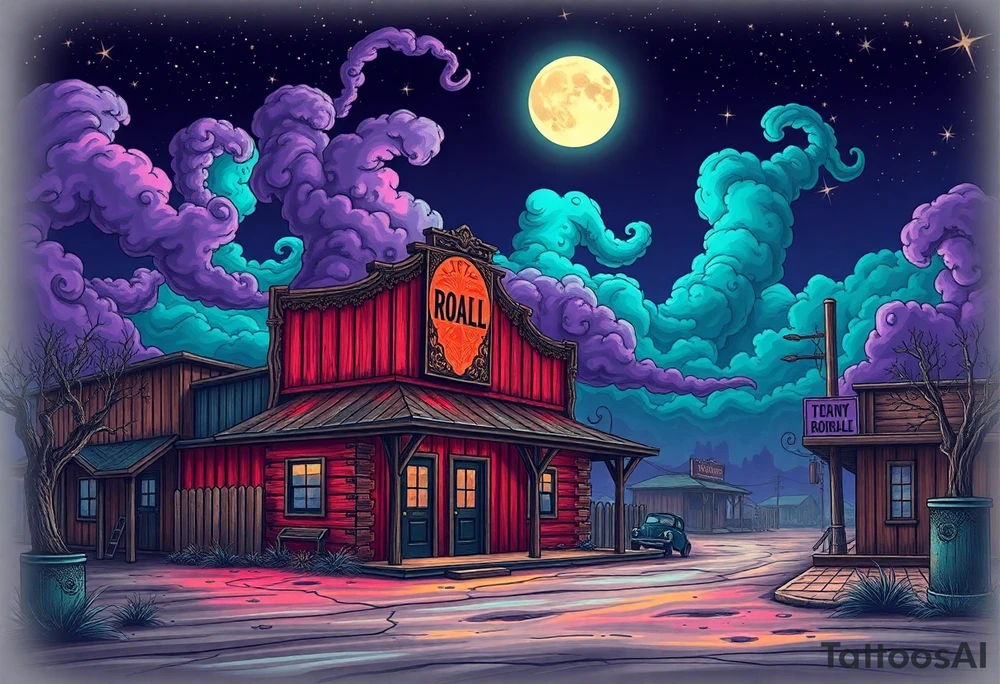 Tim Burton’s old western cowboy texas brothel r from outside view is the street abandoned and dripping with muted reds, dusty pinks, and eerie green glow purple and cyan smokey clouds swirl and dance in the moonlit night sky filled with twinkling stars  tattoo idea tattoo idea