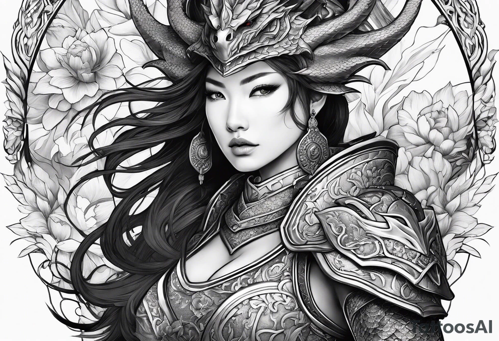 beautiful warrior woman wearing dragon armor and a floral background and a dragon a full picture tattoo idea