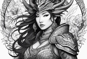 beautiful warrior woman wearing dragon armor and a floral background and a dragon a full picture tattoo idea