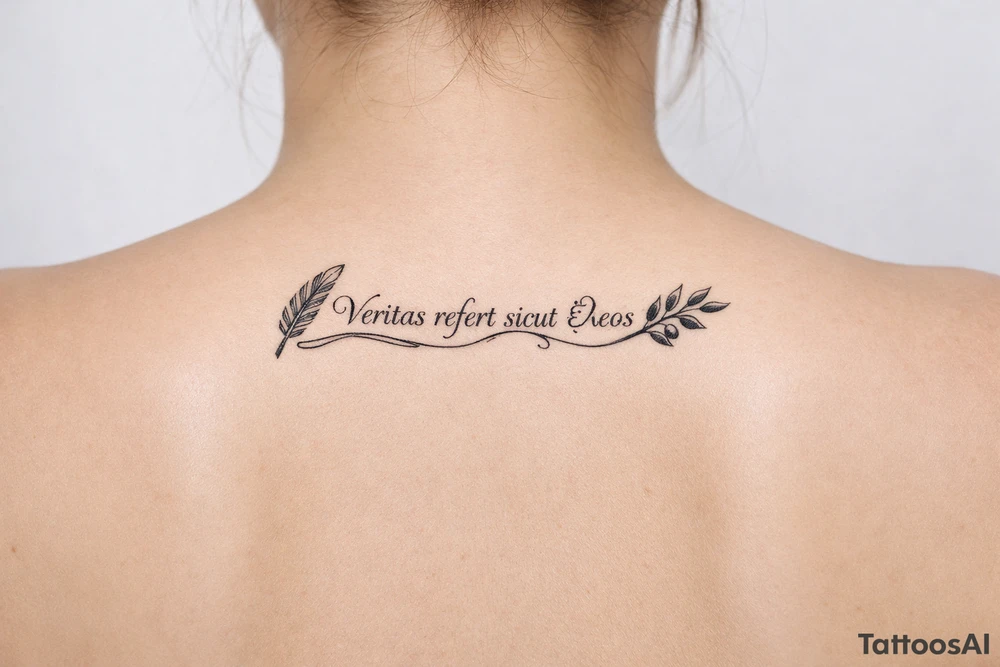 Veritas refert sicut ἔλεος on mid right back with a delicate but clear quill at the beginning and an olive branch at the end and there should be Elegant curvature as a vibe tattoo idea