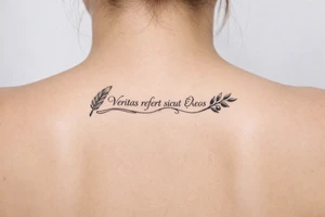 Veritas refert sicut ἔλεος on mid right back with a delicate but clear quill at the beginning and an olive branch at the end and there should be Elegant curvature as a vibe tattoo idea