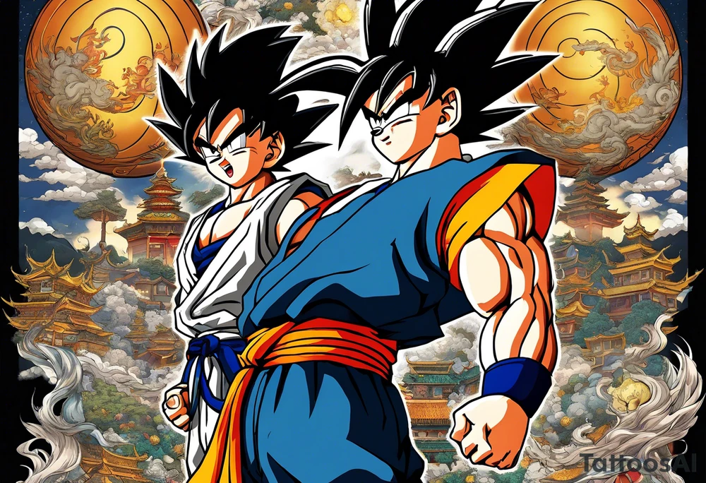 Son-Goku as a child in the foreground and an older version of him as a super saiyajin behind him. A huge dragonball surrounds the whole scenery. Fokus friends are surrounding him as shadows tattoo idea
