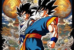 Son-Goku as a child in the foreground and an older version of him as a super saiyajin behind him. A huge dragonball surrounds the whole scenery. Fokus friends are surrounding him as shadows tattoo idea