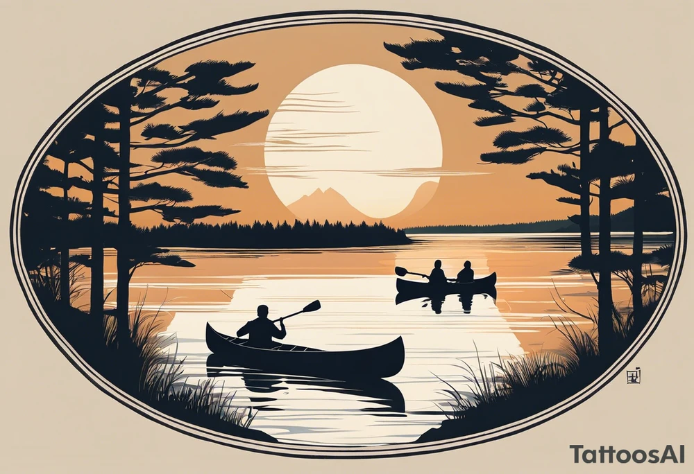 The tattoo design depicts a serene nature scene, framed within a semi-circular border. In the foreground, there are two people sitting in a canoe on a calm lake. They are paddling towards the horizon, with one person sitting at the back of the canoe and the other at the front. The back view of the people suggests a peaceful and contemplative moment shared between them.

In the background, there are majestic mountains with peaks covered in snow, creating a dramatic and picturesque landscape. The mountains are flanked by tall pine trees on either side, adding to the wilderness feel of the scene. Above the mountains, a large sun is either rising or setting, casting a tranquil glow over the entire scene. Birds are flying in the sky, adding to the sense of freedom and natural beauty.

The entire scene is rendered in a minimalist, black and white, line-drawing style, giving it a clean and elegant appearance. The semi-circular frame around the design focuses attention on the central elements and adds a sense of completeness to the image. tattoo idea