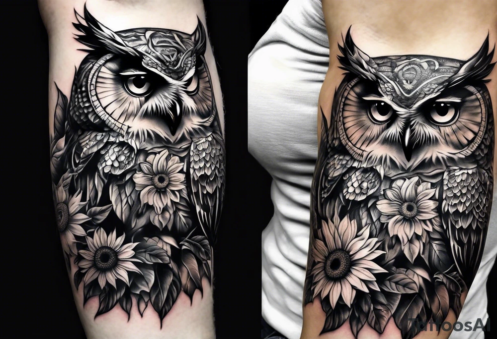 Black and white owl with sunflowers leg sleeve tattoo idea
