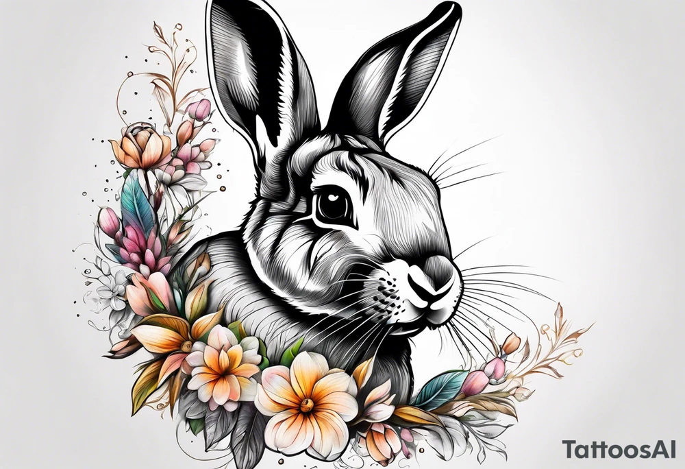 Realistic rabbit head and flowers tattoo idea