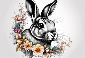 Realistic rabbit head and flowers tattoo idea