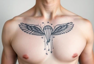 tattoo only  n the left side of the chest, paratrooper wings in the clouds with helicopters and paratroopers tattoo idea