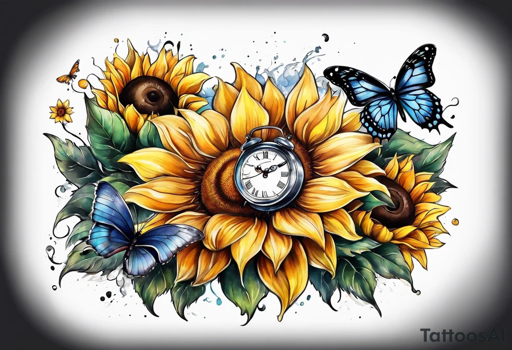 Sleeve with clock, sunflower and butterfly tattoo idea
