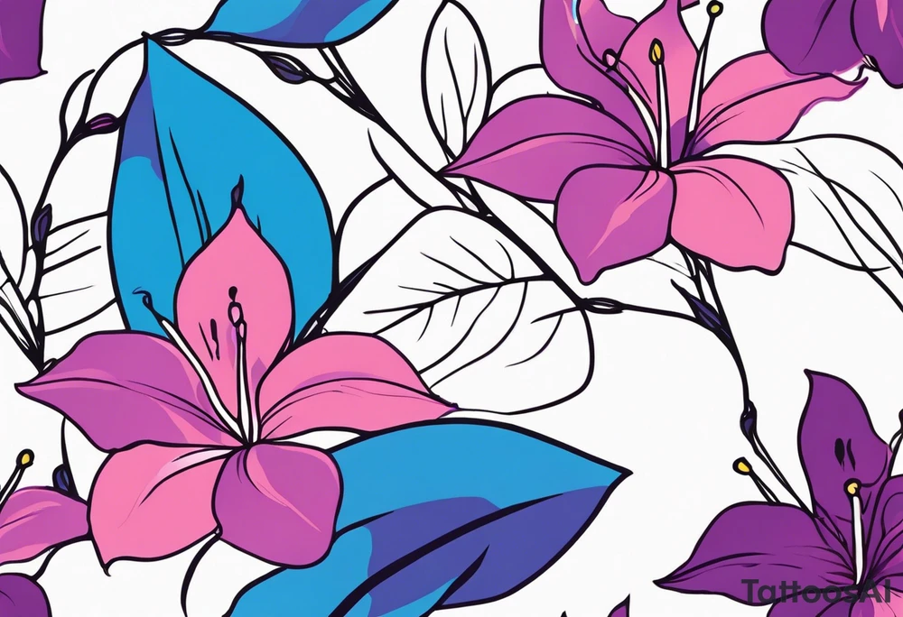 abstract pink, purple, and blue mandevilla flowers on a vine, with color leaking out into the background. SOme of the flowers should be full color, and some just linework. It should have a handdrawn, sketch feel. tattoo idea