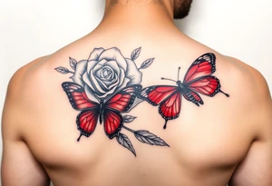 Rose and daffodil with 2 red butterflies one larger than other female tattoo on shoulder/chest tattoo idea