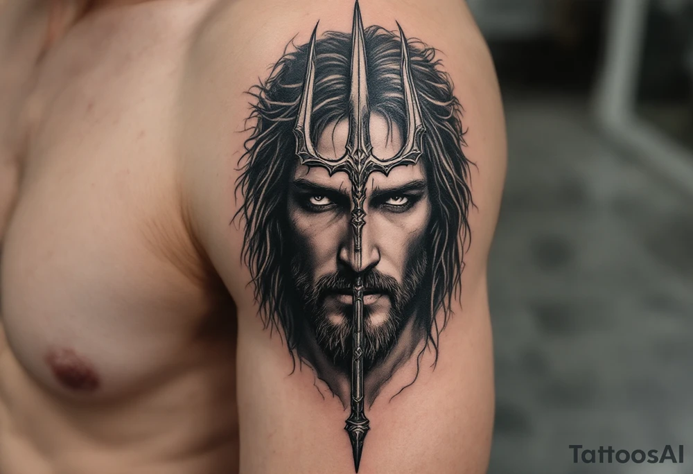 close-up jesus behind a trident tattoo idea